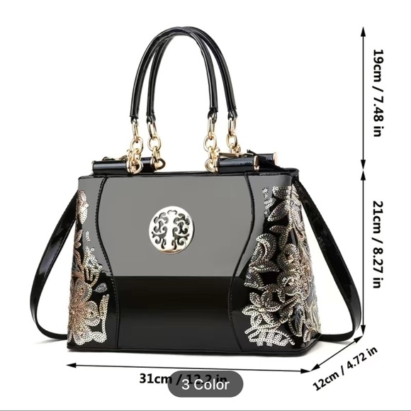 Beautiful NWOT black patent leather handbag with sequin flowers - Picture 6 of 13